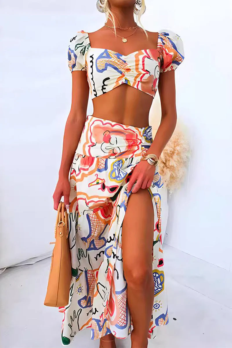 Geometric Print Two-Piece Set with High SlitClistos