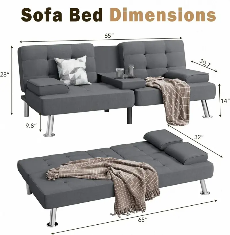 Shahoo Linen Upholstered Folding Futon – Modern Sofa Bed with Detachable Armrests