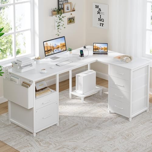 Black L Shaped Gaming Desk - Corner Computer Reversible Desk with Storage 6 Fabric Drawers File Cabinet Power Outlets CPU Stand, Home Office L-Shaped Work Desks for 2 Monitors Boys Teen Study Writing