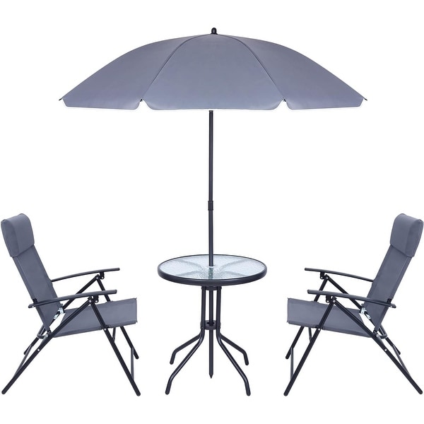 4 Piece Patio Dining Set,Garden Furniture Bistro Set with Tilted Removable Umbrella,2 Folding Chairs,Round Glass Table (Grey)