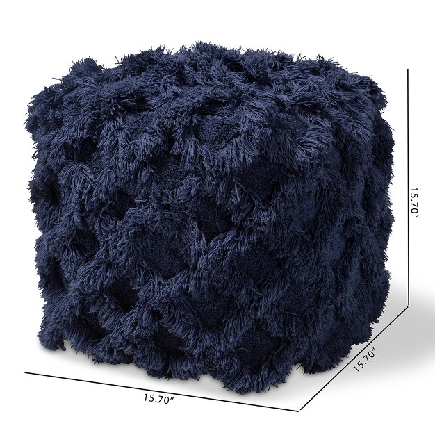 Asuka Handwoven Cotton Fringe Pouf Ottoman Navy Baxton Studio