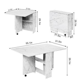 Dinaza 55.1 in. Rectangle White Marble Wood Folding Dining Table Drop Leaf Table with 2-Tier Racks with Wheels (Seats 6) POA6809144