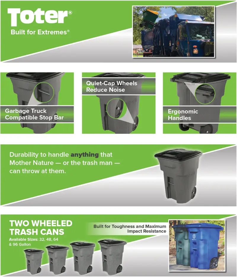 Toter 96-Gallon Wheeled Trash Can – Smooth-Rolling Casters, Snap-On Lid