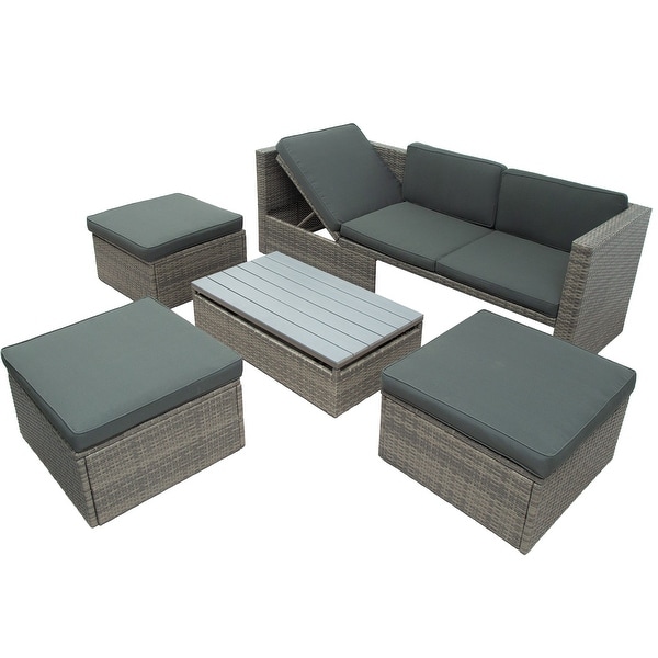 Gray 5Piece Patio Wicker Conversation Sofa with Adustable Backrest