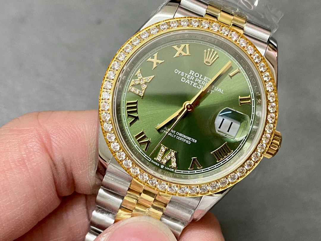 DATEJUST 31MM GOLD STEEL DIAMOND BEZEL GREEN DIAL
