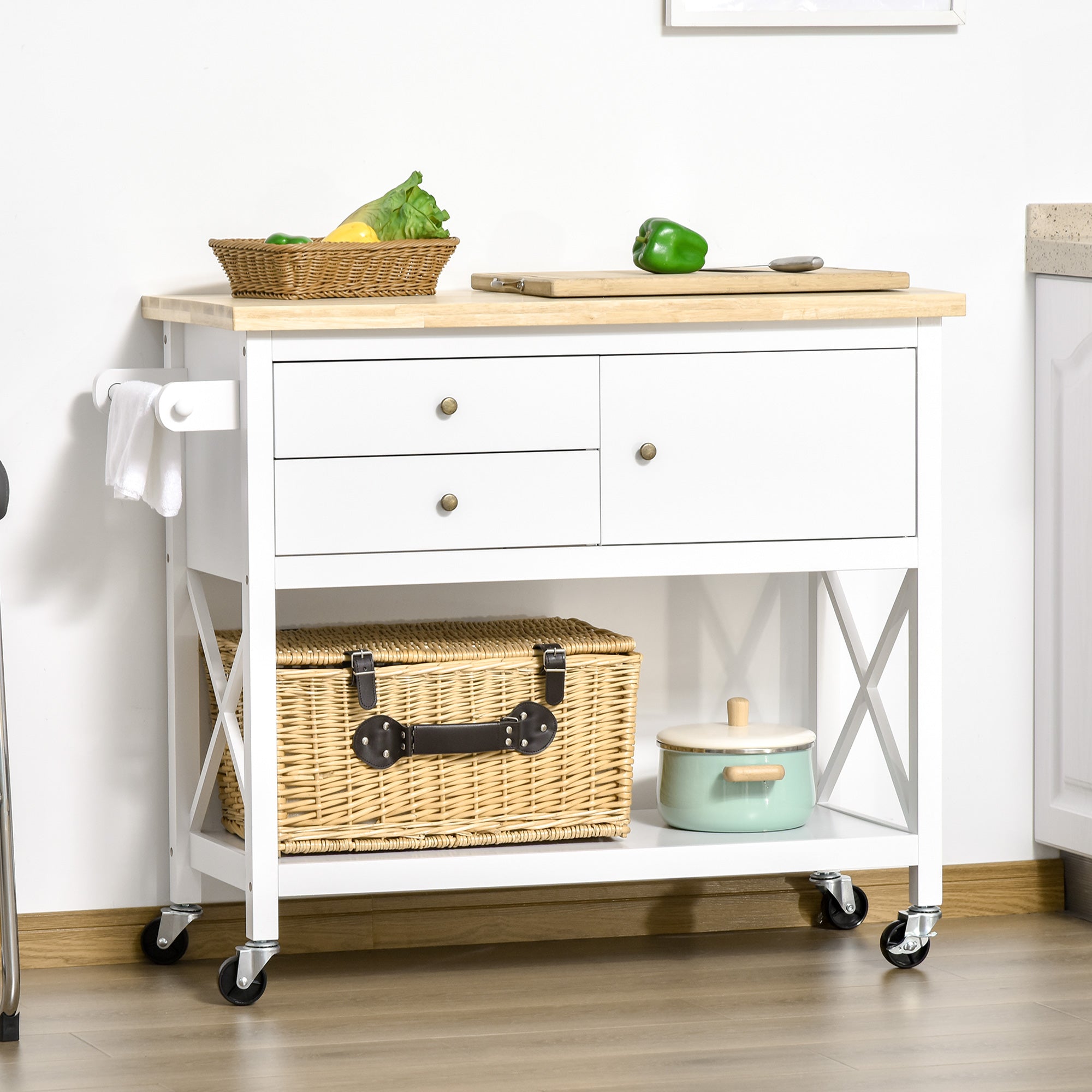 HomCom Utility Kitchen Cart Rolling Kitchen Island Storage Trolley with Rubberwood Top, 2 Drawers, Towel Rack, White