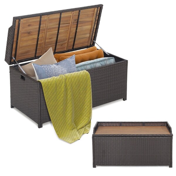 Gymax Patio Wicker Bench Deck Box w/ Acacia Wooden Seat Storage Bench