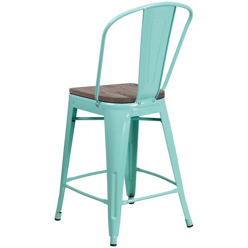 24x22 High Metal Counter Height Stool with Back and Wood Seat Mint Green