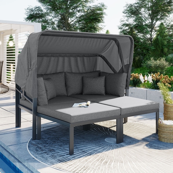 3Piece Patio Daybed with Retractable Canopy Outdoor Metal Sectional Sofa Set Sun Lounger with Cushions