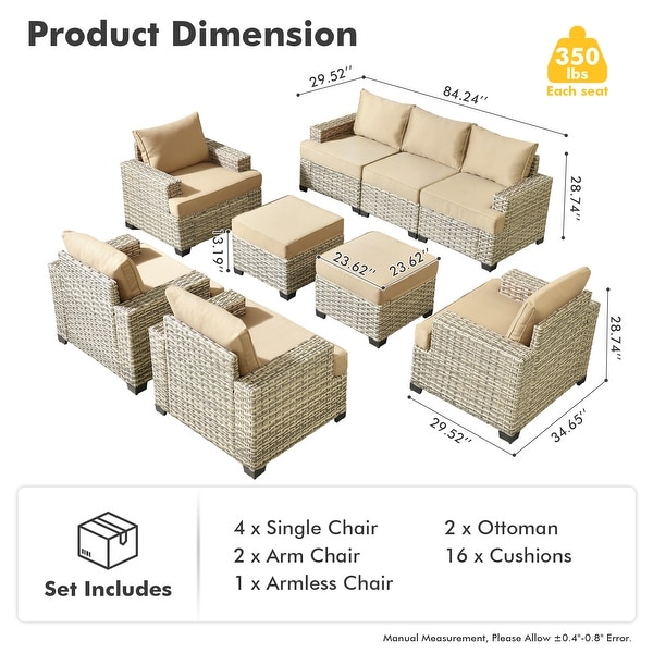 OVIOS 9 Pieces T shaped Seat Wide Armrest Set With Ottoman