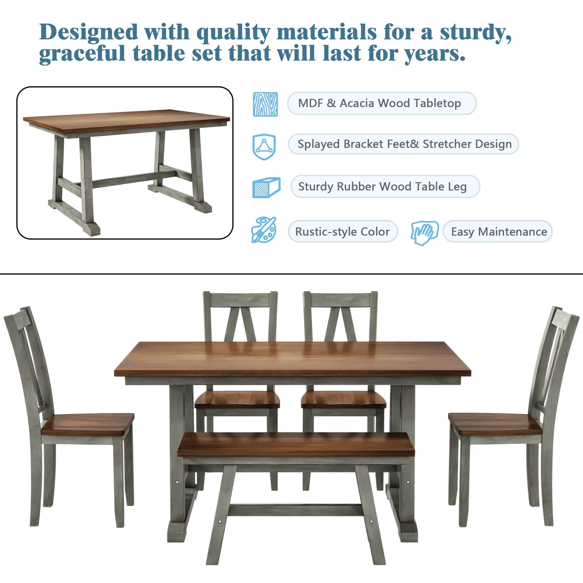 CoSoTower 6-Piece Wood Dining Table Set Kitchen Table Set with Long Bench and 4 Dining Chairs, Farmhouse Style, Walnut+Gray