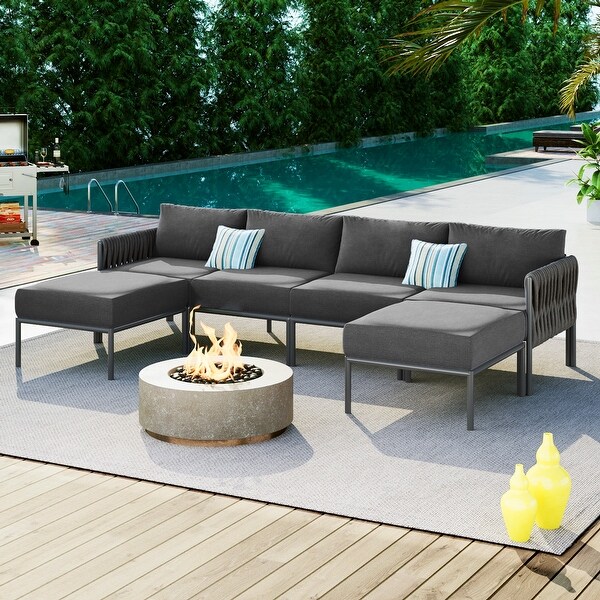 Gray 6piece Outdoor Conversation Sofa Set with Waterproof Thick Cushions,and Elegant Rope Weave Detailing,Free Combination