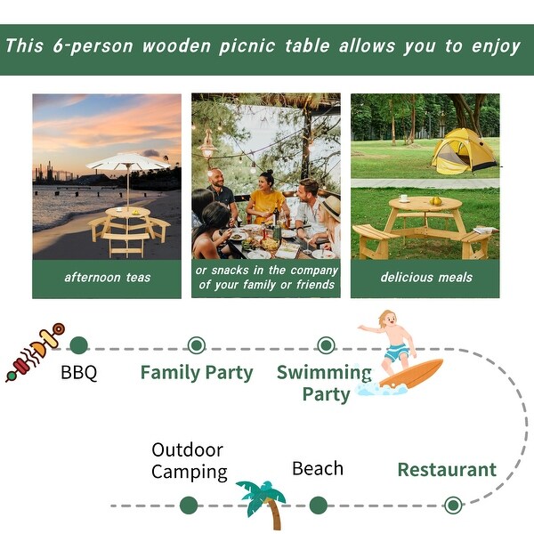 6 Person Round Picnic Table with 3 Builtin Benches,Natural