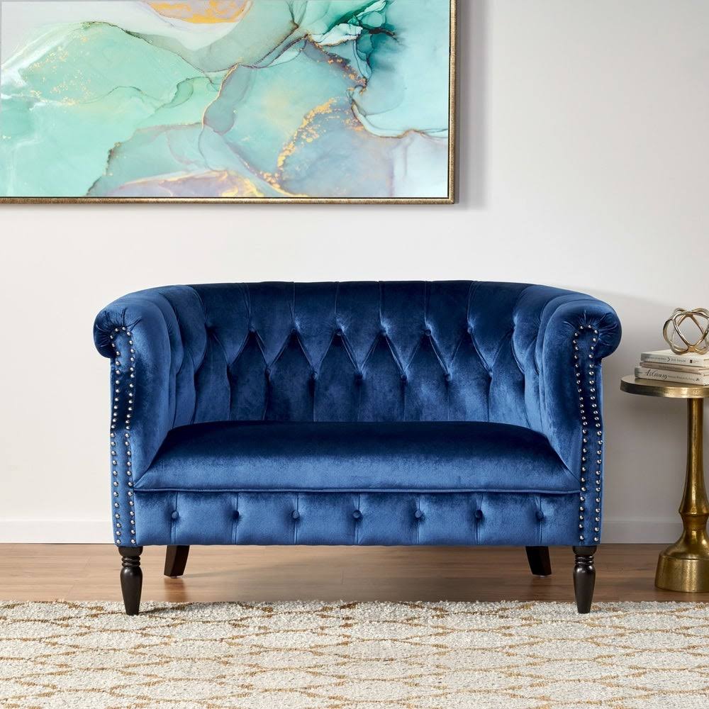 Milani Tufted Scroll Arm Velvet Loveseat by Christopher Knight Home Navy