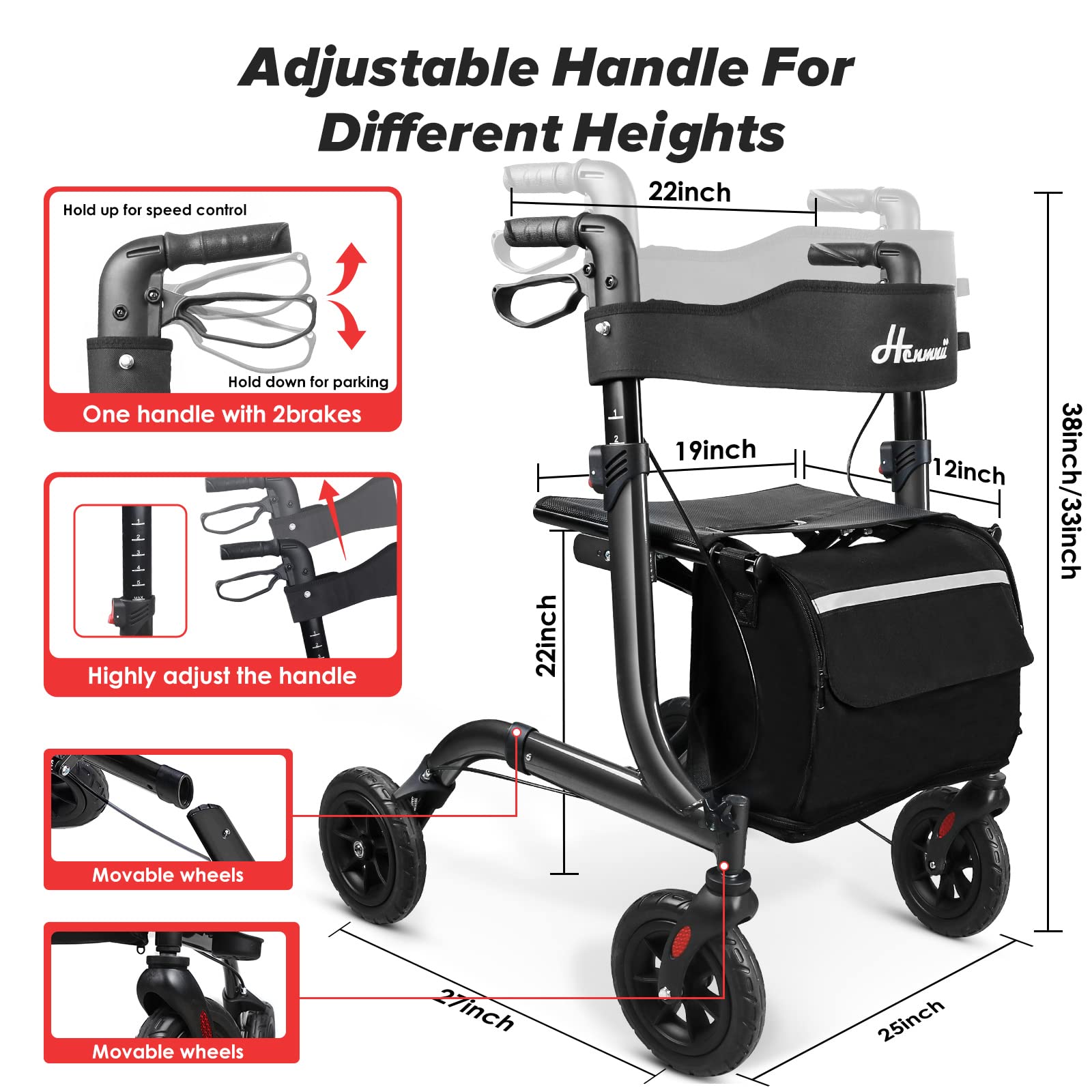 Henmnii Rollator Walker for Seniors, Lightweight Foldable All Terrain Rolling Walker with seat, Aluminum Walkers with 8 inch Rubber Wheels, Handles and Backrest for Seniors and Adult