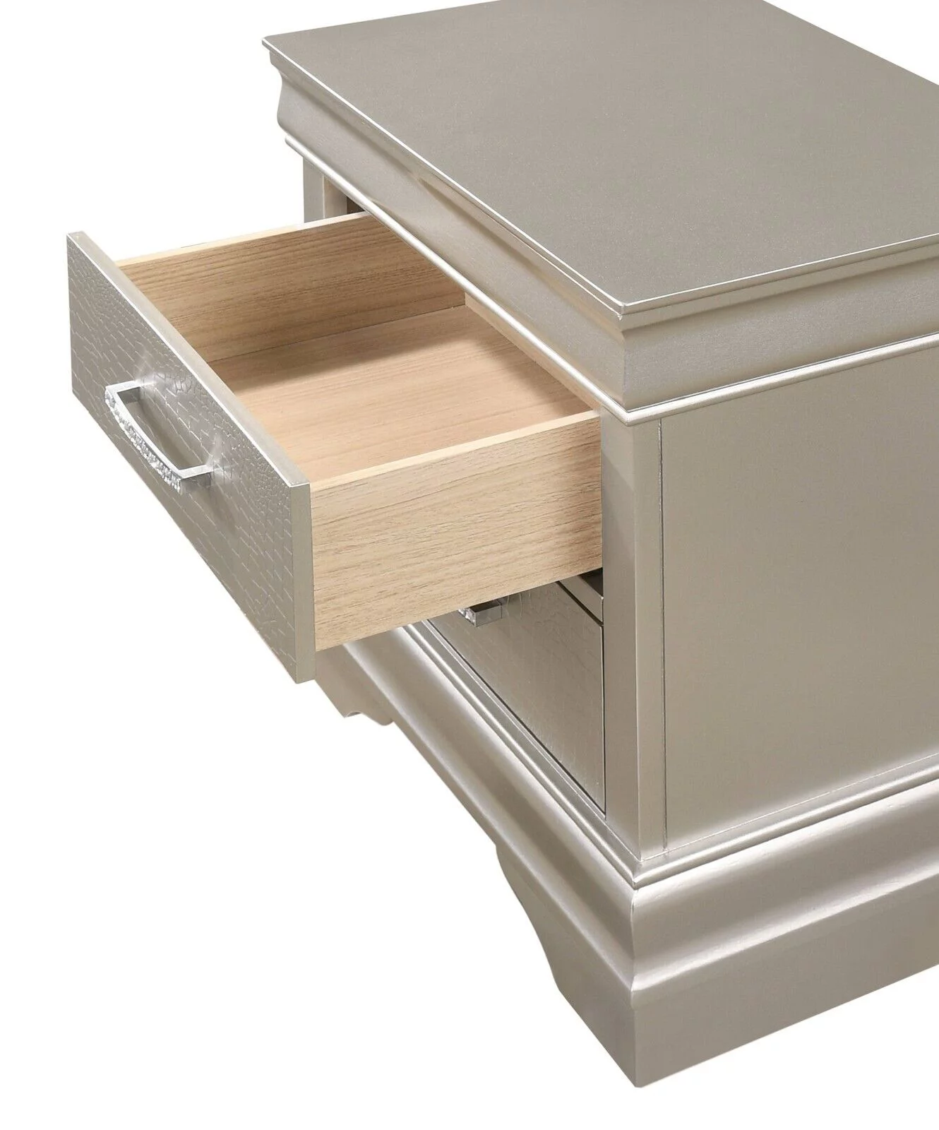 4Pc Silver Finish California King Size Panel Upholstery Bed Dresser Mirror Nightstand Set Wooden Bedroom Furniture