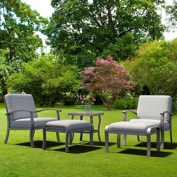 5Piece Aluminum Patio Conversation Set with End Table,Ottoman and Light Gray Cushions