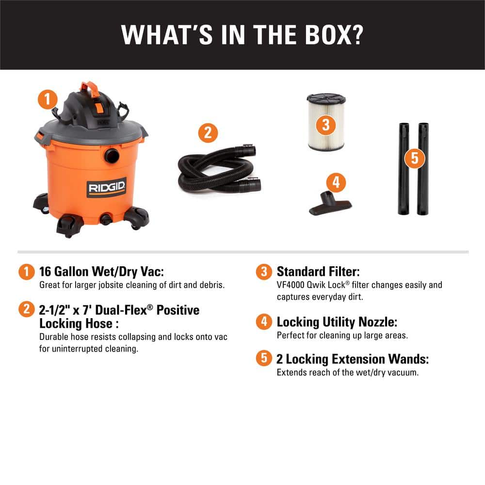 Ridgid 16 Gallon 5.0 Peak HP NXT Wet/Dry Shop Vacuum with Filter, Locking Hose and Accessories HD1640