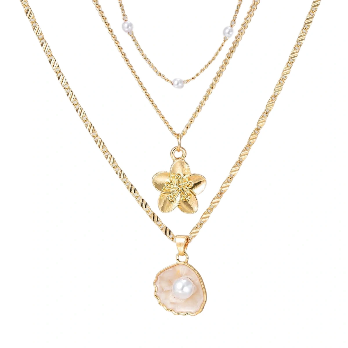 Gold Layered Pearl & Shell Pendant Necklace Set for Women