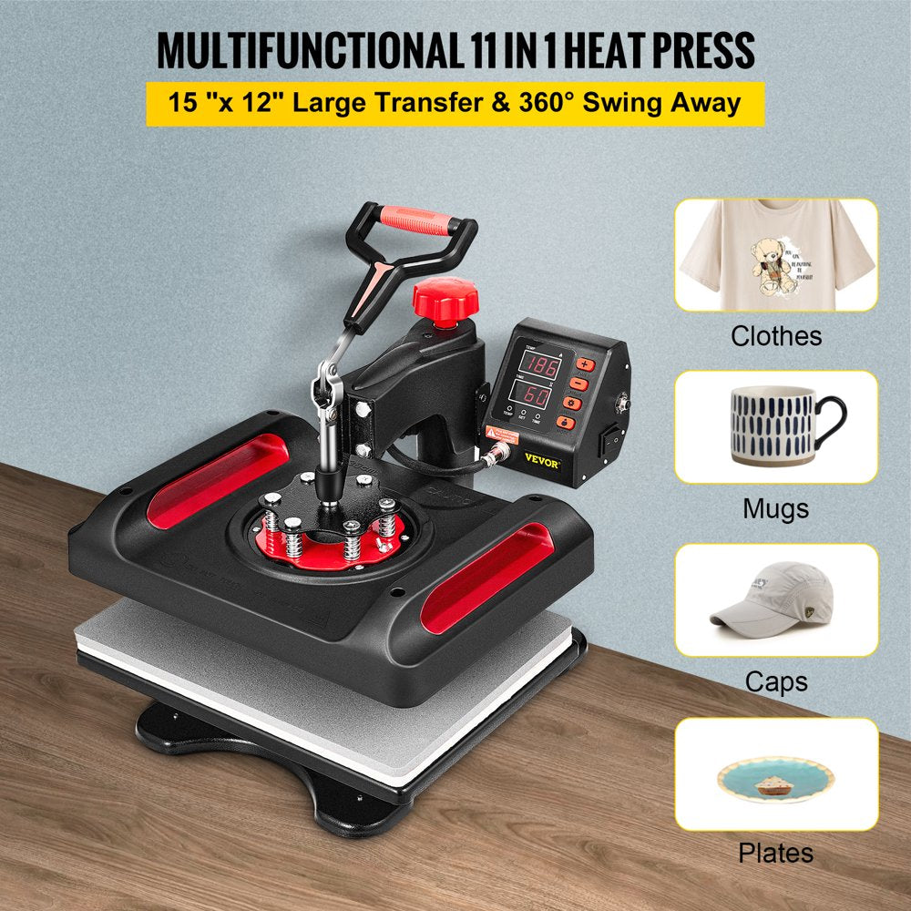 VEVOR 11 in 1 Heat Press, 15X12 Inch Multifunctional Clamshell Printer, 800W Digital Dual-Tube Heat Press Transfer Machine