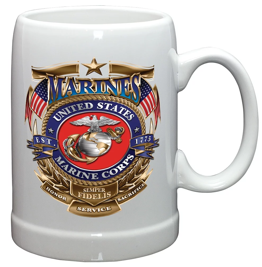 German Beer Stein – US Marine Corps Gifts for Men or Women – USMC Badge of Honor Stoneware Beer Stein – USMC Beer Glasses with Logo - Set of 2 (20 Ounces)