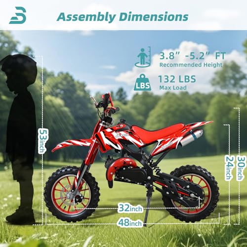 49cc Kids Dirt Bike, 2-Stroke Gas Powered Dirt Bike, Motorcycle with Off-Road Tires, Front/Rear Disc Brakes, Shock Absorption, Soft Seat Cushion, Mini Dirtbike for Kids 8-14, Red