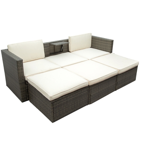 5Piece PE Wicker Sofa Set with Adjustable Backrest,Ottomans,and Lift Top Table