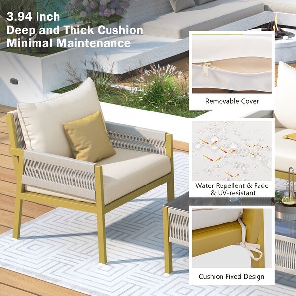 4Piece Rope Patio Furniture Set with Tempered Glass Table