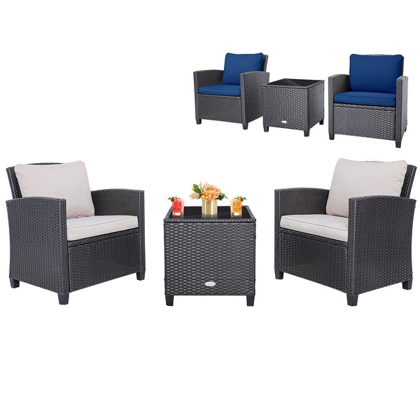 3 Pieces Rattan Patio Furniture Set with Washable Cushion
