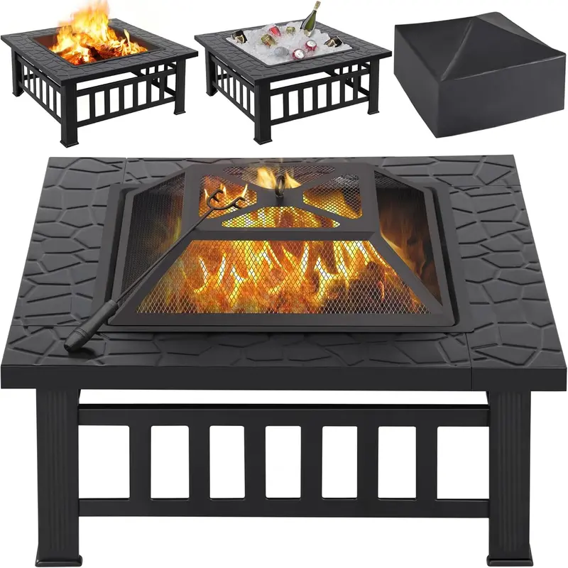 Yaheetech 32″ Square Fire Pit Table – Multifunctional Outdoor Patio Heater, Bonfire & Camping Stove with Sturdy Metal Construction