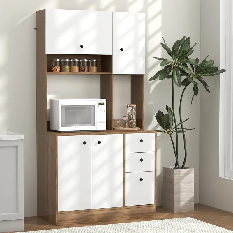 Walnut Kitchen Pantry Hutch – 71-Inch Tall Buffet with Drawers & Microwave Counter
