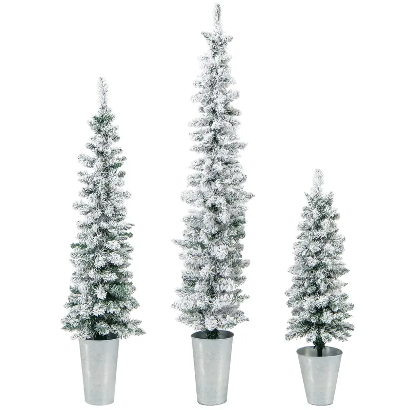 Three-Tier Slim Artificial Christmas Tree Set – 3′, 4′, 5′ Pencil Styles in Metal Buckets