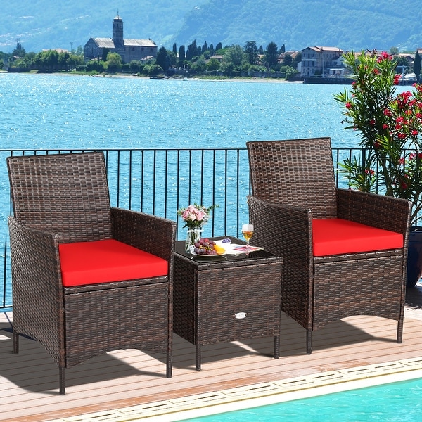 Costway 3PCS Patio Rattan Furniture Set Cushioned Sofa Glass Tabletop
