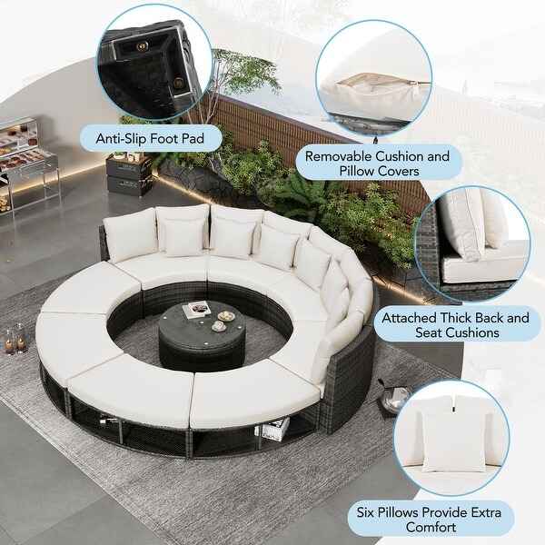 Circular Sectional Spacious Rattan Wicker Patio Furniture Set with Tempered Glass Coffee Table and 6 Pillows