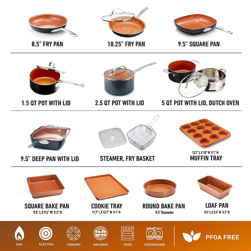 Gotham Steel 20 Pc Copper Pots and Pans Set Nonstick Cookware Set, Pot and Pan Set, Kitchen Cookware Sets, Ceramic Cookware Set, Ceramic Non Stick Pots and Pans Set with Lids, Pot Set, Dishwasher Safe