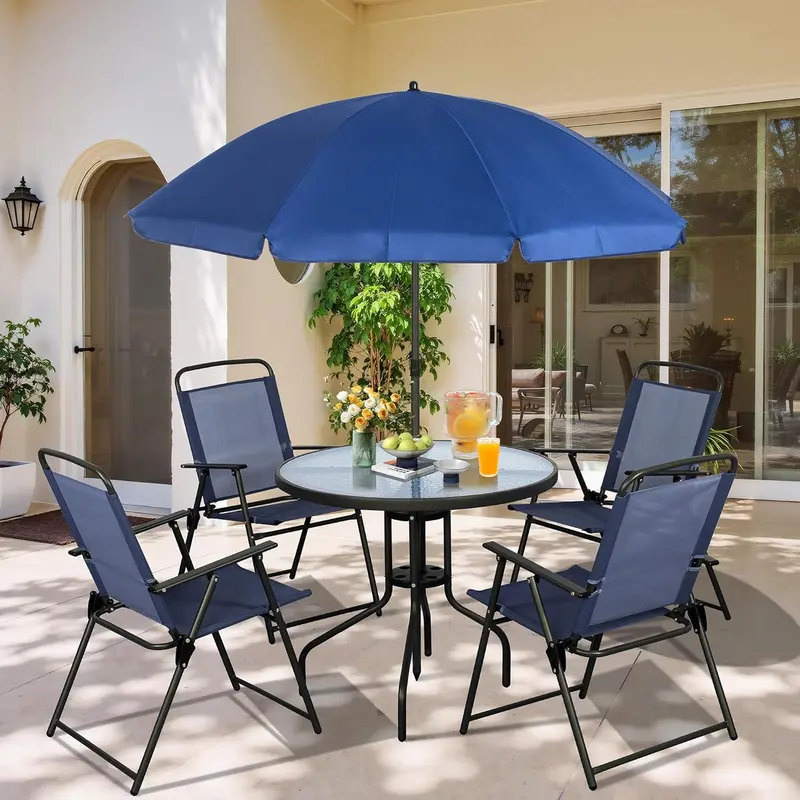 Vongrasig 6-Piece Folding Metal Patio Set with Umbrella – Compact Garden Table and Chair Ensemble