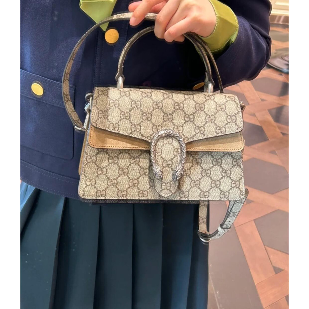 Gucci Small Dionysus Top Handle Bag Taupe Suede Trim