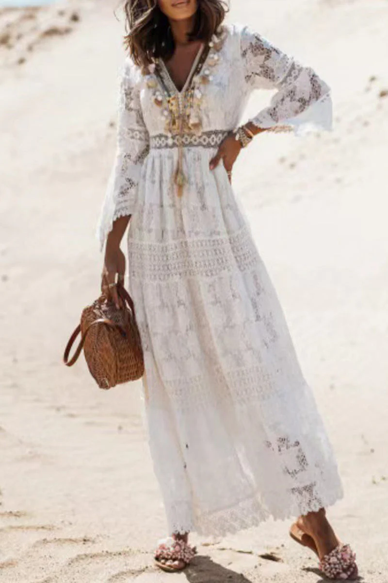 Elegant Lace Maxi Dress with Bell SleevesClistos