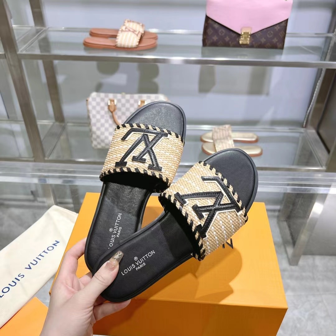 Louis Vuitton Lock It Flat Raffia Mules Black