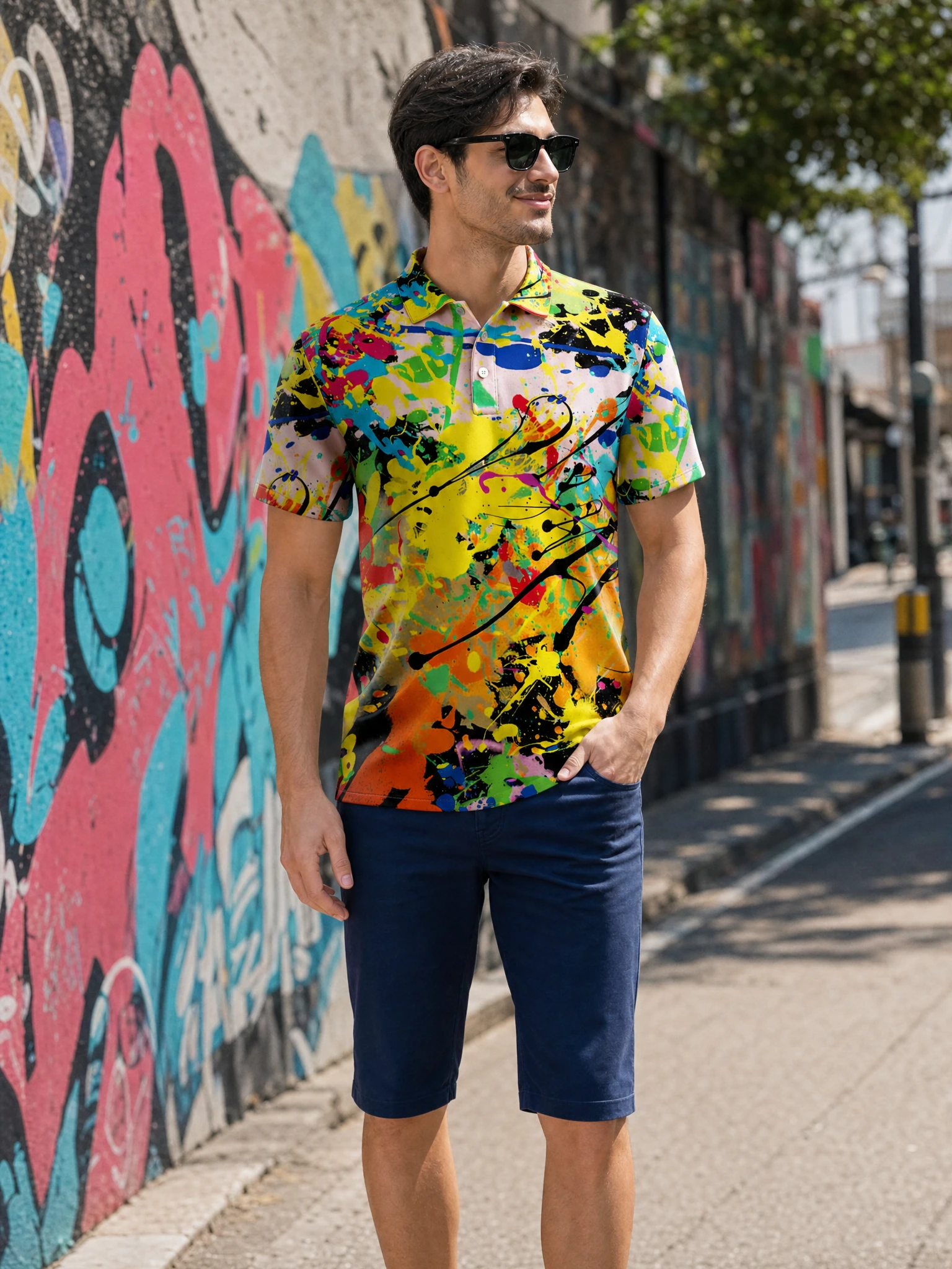 Rainbow Retro 90’s Paint Splatter Design Hawaiian Printing Short Sleeve Polo
