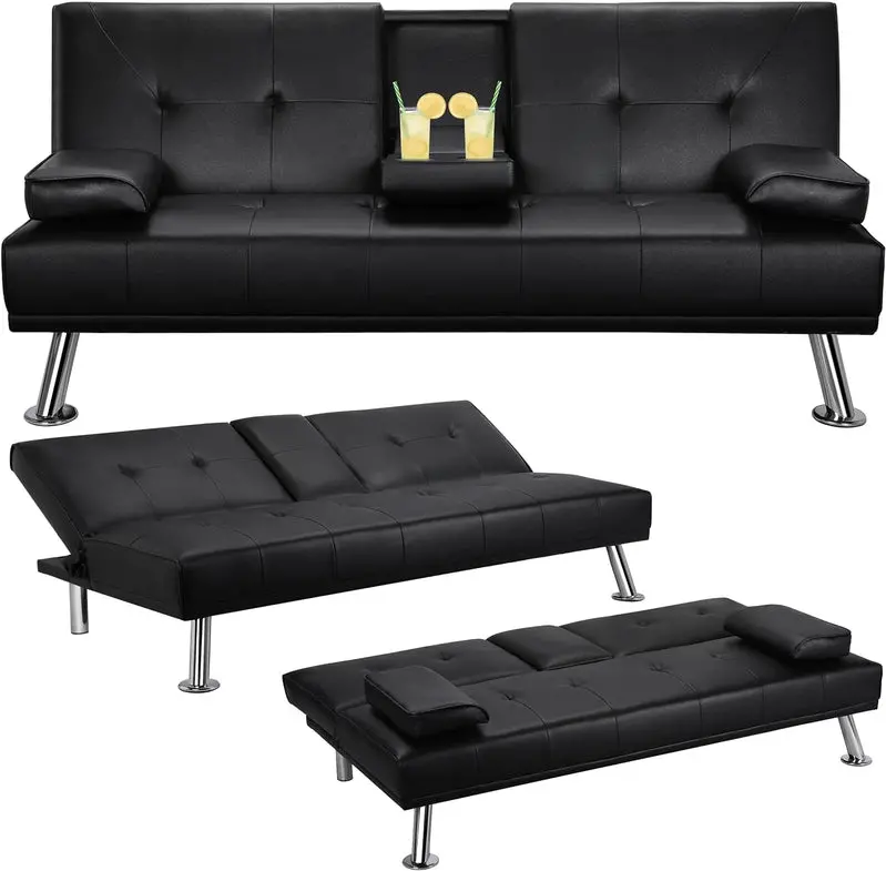 Yaheetech Convertible Sofa Bed – Adjustable Faux Leather Recliner with Removable Armrests, Cup Holders, 3-Position Settings & 772 lb Weight Limit