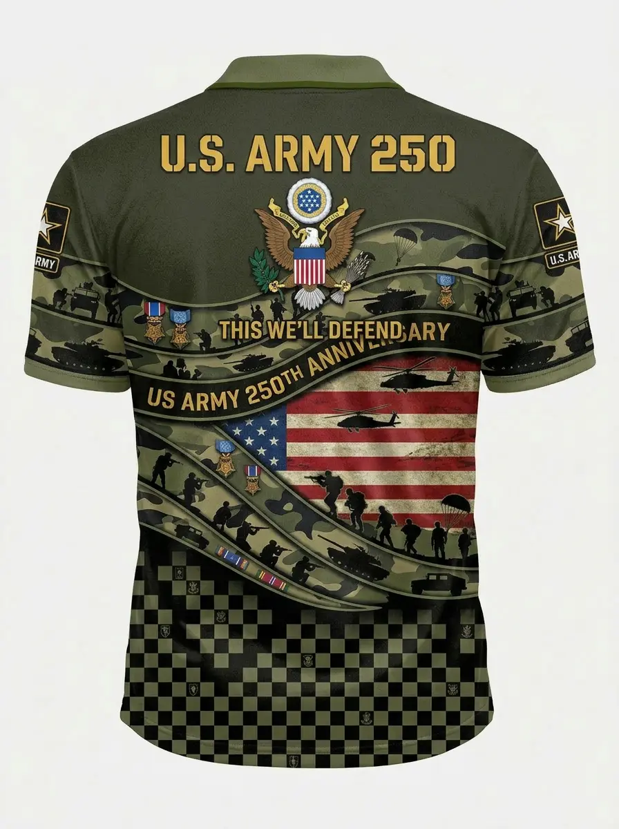 Moisture Wicking Golf Polo 3D U.S. Army 250th Anniversary Camo Button Short Sleeve Golf Polo Shirt