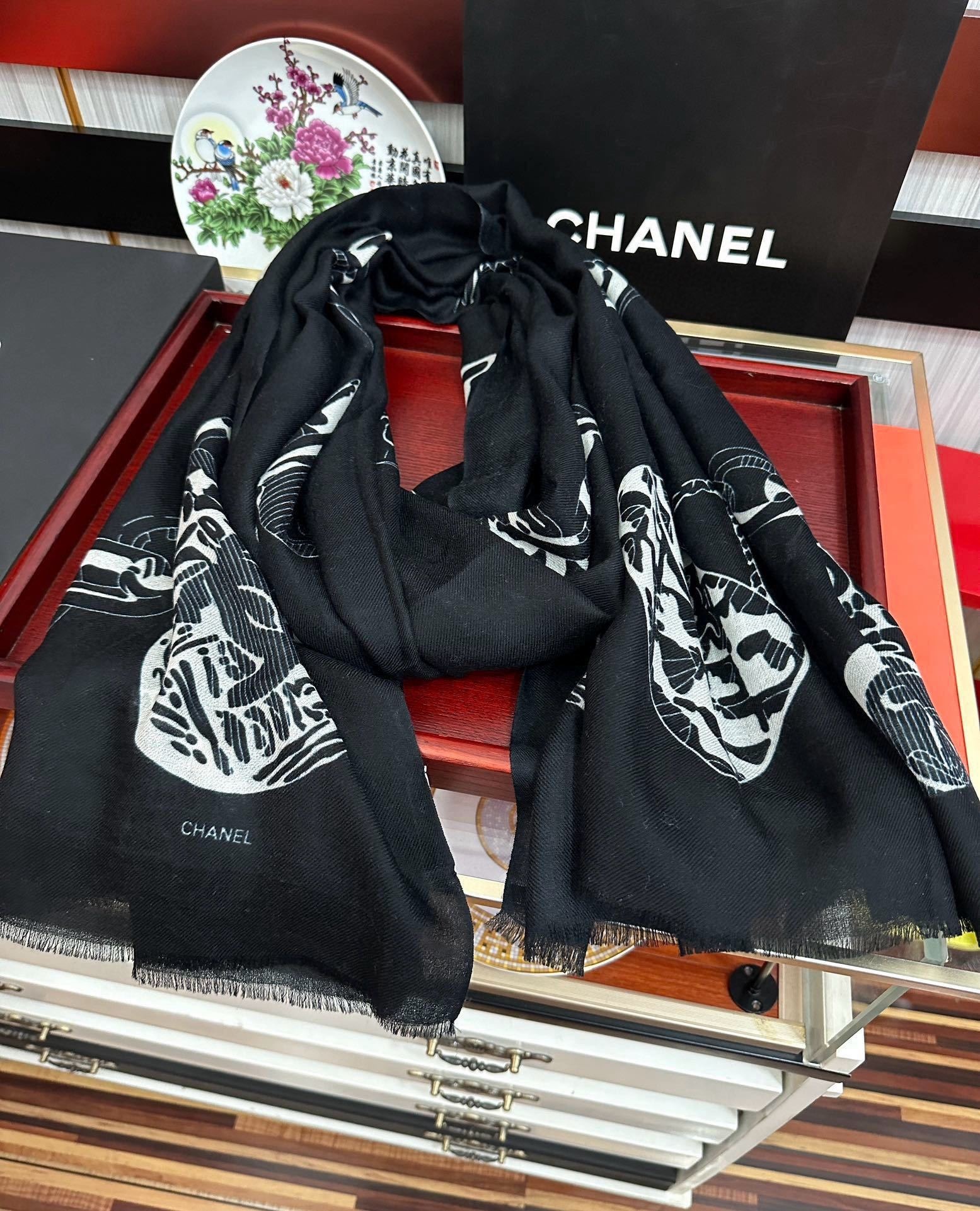 Chanel Silk Shawl Charm Chain Motif Black For Women 200cm