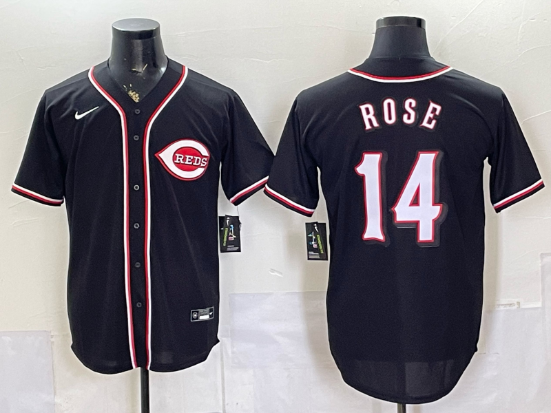 Men's Cincinnati Reds Pete Rose #14 Fashion Replica Black Out Jersey