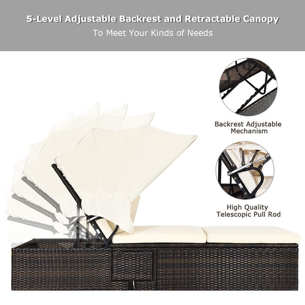Gymax 2pcs Rattan Lounge Cushioned Chair W/Adjustable Canopy Patio