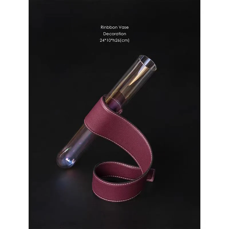DC054 - Cartie Cartier Red Ribbon Outer Stitching Saddle Leather Crystal Glass Vase Art Decoration