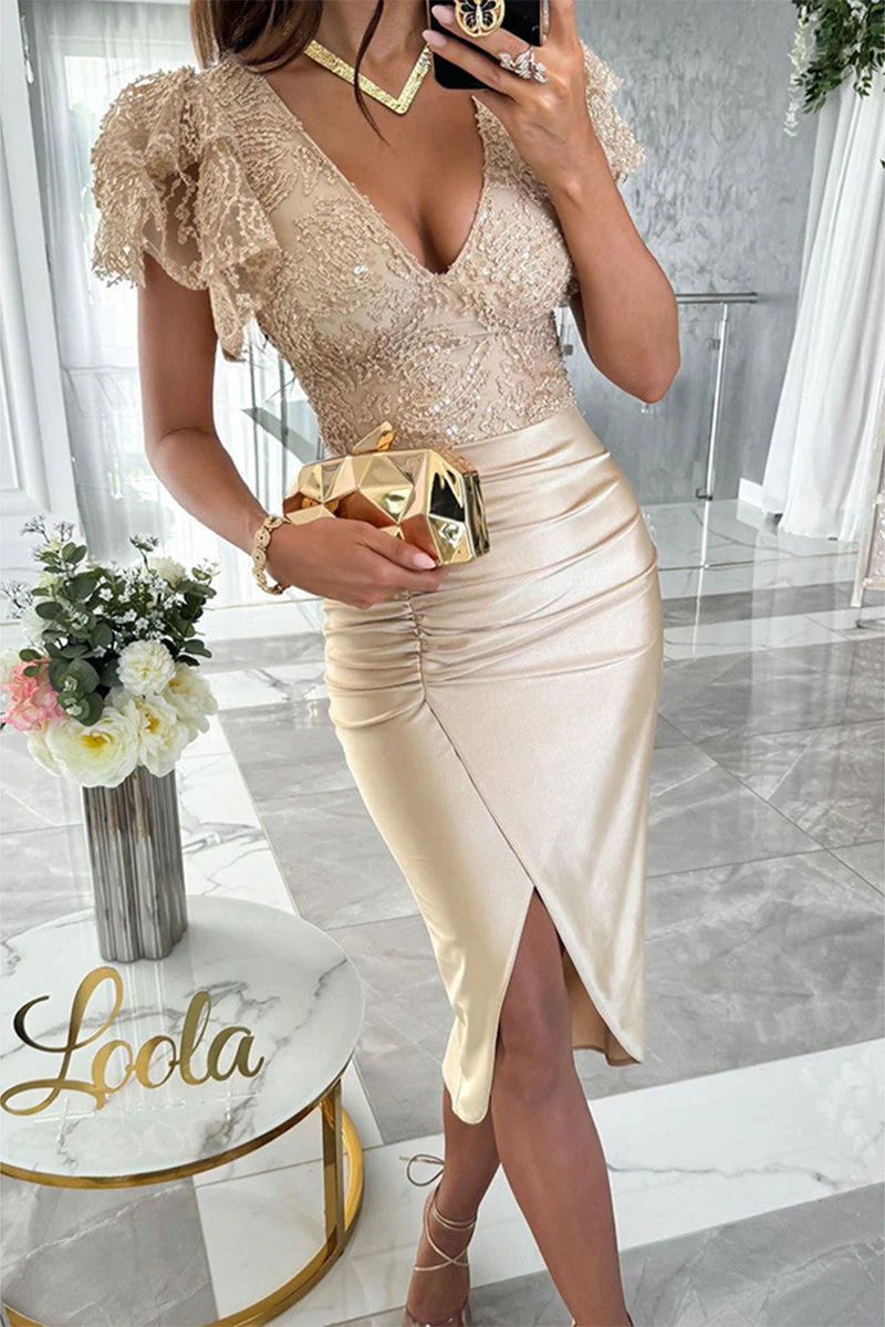 Elegant Sequin Wrap V-Neck Short Sleeve DressClistos