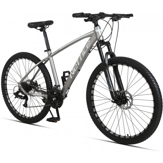 Neffice Men Mountain Bike, Front Suspension, 24 Speed, 27.5 Inch Frame & Wheels, Aluminum Frame,Double Disc Brake Bicycle with Repair Tools and Pumps for Adult Men Women (Matte Grey)