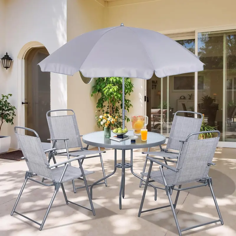 Vongrasig 6-Piece Folding Metal Patio Set with Umbrella – Compact Garden Table and Chair Ensemble