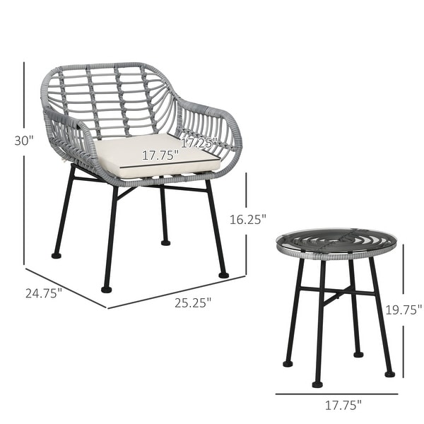 3 Piece Patio Set,PE Rattan Wicker Chairs and Table with Tempered Glass